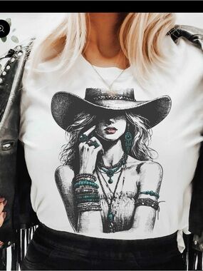 Cowgirl Graphic Short Sleeve Tee with Turquoise Accents